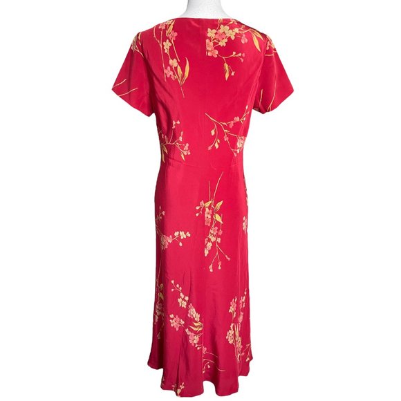 100% Silk Floral Dress 14 Maxi Long V-Neck Short Sleeve Satin Georgette Red - Picture 5 of 16